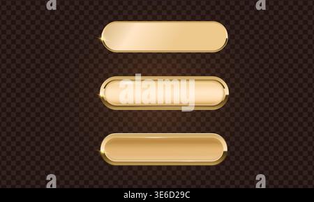 Gold button frame and glass 3d badge, Rectangular with rounded corners golden button icon on dark background, Premium signboard for web UI design Stock Vector