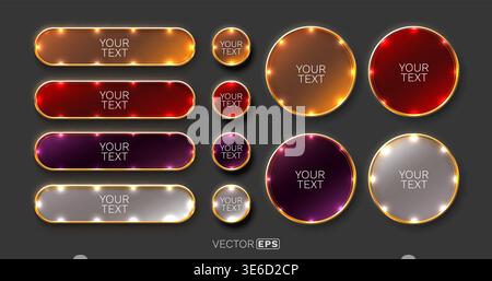 Elegant glowing web buttons and banners with golden frames. Modern UI elements with sparkling light. Vector illustration. Stock Vector