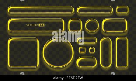 Set of glowing yellow neon frames and buttons in various shapes for modern design. Vector illustration. Stock Vector