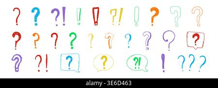 Question mark chalk hand drawn set, crayon texture doodle sketch. Question marks with speech bubbles, punctuation signs for collage. Vector illustration Stock Vector