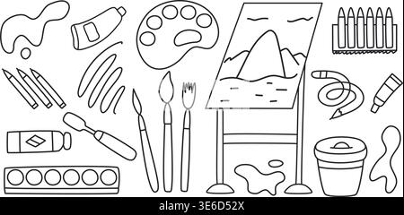 Hand-drawn set items for artist. Tools and supplies for painting, drawing with pencils, paints, crayons, in doodle style. Easel, brushes, palette Stock Vector