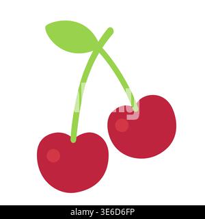Cute flat design red cherry fruit pair icon with green stem and leaf isolated on white background vector Stock Vector