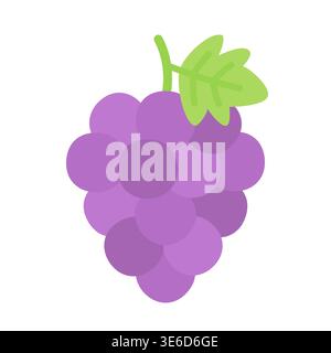 Cute flat design purple grape bunch fruit icon with green leaf isolated on white background vector illustration Stock Vector