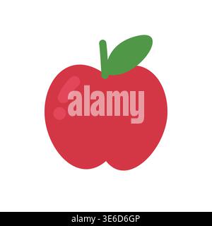 Cute flat design red apple fruit icon with green leaf isolated on white background vector illustration Stock Vector