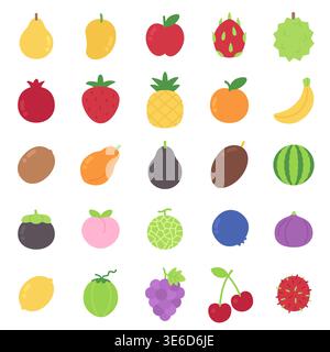 Cute flat design tropical fruit icon set collection isolated on white background vector illustration Stock Vector