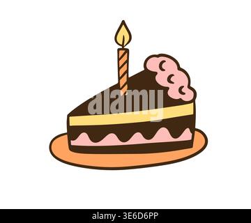 Birthday chocolate cake slice with candle doodle Stock Vector