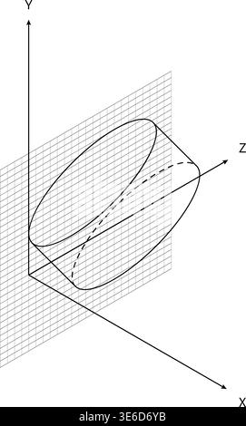 3D Coordinate System Tilted Cylinder Wireframe Grid Plane Perspective Minimal Style Mathematics Diagram Black White Element. Geometry Visualization Ca Stock Vector