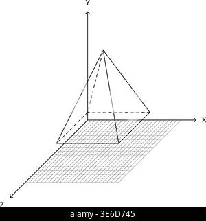 3D Coordinate System Pyramid Wireframe Grid Plane Perspective Minimal Style Mathematics Diagram Black White Element. Geometry Visualization Cartesian Stock Vector