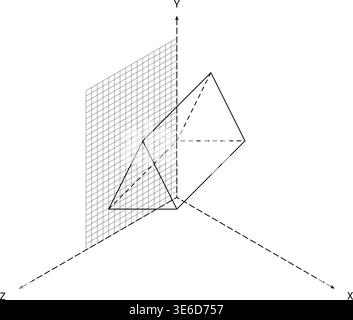 3D Coordinate System Double Pyramid Wireframe Grid Plane Perspective Minimal Style Mathematics Visualization Black White Element. Geometry Visualizati Stock Vector