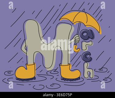 March Rainy Weather Lettering Hand Drawn Seasonal Typography Purple Yellow Illustration. Abstract Character Rubber Boots Umbrella Rain Drops Puddles P Stock Vector