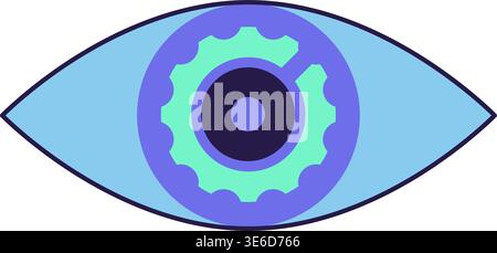 AI Technology Doodle Vision Gear Eye Symbol Blue Turquoise Sticker. Flat Style Vibrant Colors Tech Icon Stock Vector