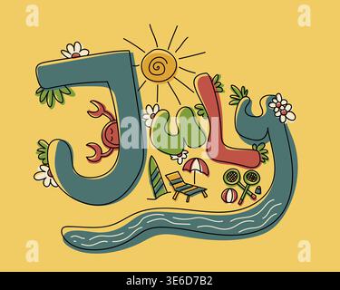 July Summer Beach Lettering Hand Drawn Seasonal Typography Yellow Blue Green Illustration. Warm Sunny Composition Sea Waves Crab Surfboard Chair Umbre Stock Vector