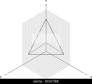 3D Coordinate System Triangular Pyramid Wireframe Grid Planes Minimal Style Mathematics Diagram Black White Element. Geometry Visualization Cartesian Stock Vector