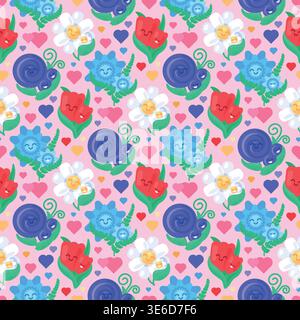 Cozy Flower Smiling Lovely Spring Seamless Pattern. Greenery Hearts Cheerful Flat Cartoon Style Background Stock Vector
