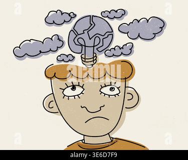 Brain Fog Concentration Problem Character Hand Drawn Psychology Beige Purple Illustration. Confused Face Open Head Glowing Light Bulb Clouds Distracti Stock Vector
