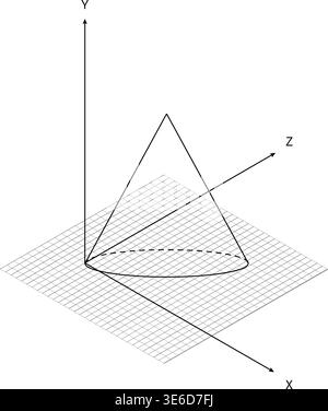 3D Coordinate System Cone Wireframe Grid Plane Perspective Minimal Style Mathematics Visualization Black White Element. Geometry Visualization Cartesi Stock Vector