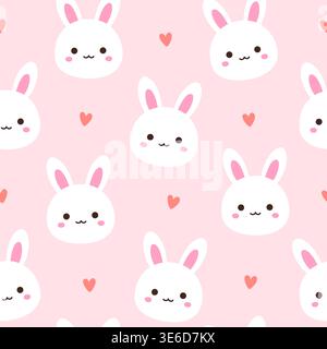 Cute kawaii white bunny rabbit seamless pattern with pink hearts on pink background vector Illustration Stock Vector