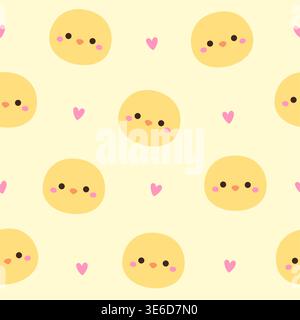 Cute kawaii yellow chick face seamless pattern with pink hearts on cream yellow background vector Illustration Stock Vector