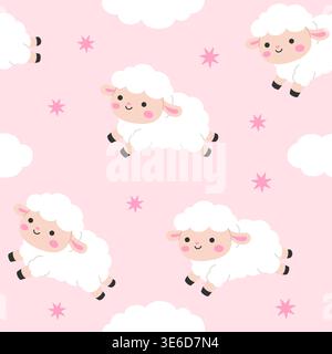 Cute kawaii jumping sheep seamless pattern with clouds and star shapes on pink background vector Illustration Stock Vector