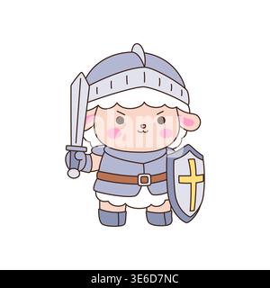 Cute kawaii sheep knight cartoon character holding sword and cross shield on white background vector Illustration Stock Vector