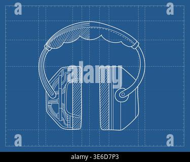Headphones Circuit Blueprint Grid Line Art Illustration. Digital Environments Wallpaper Stock Vector