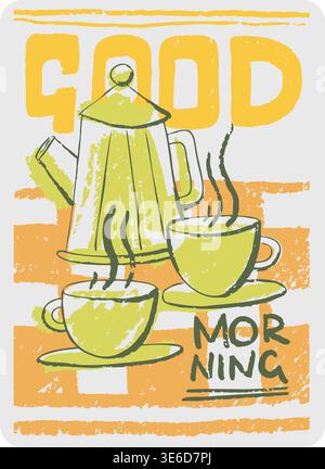 Morning Coffee Tea In Two Cups Teapot Retro Style Doodle Poster. Yellow Orange Green Doodle Illustration Stock Vector