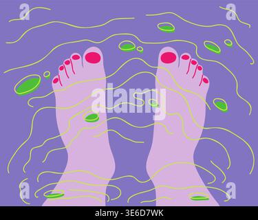 Summer Vacation Feet In River Purple Green Minimal Style Illustration. Two Feet With Bright Nails In Water Top View Stock Vector
