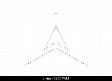 Grid 3D Wireframe Pyramid Coordinate System Axis Line Art. Digital Environments Wallpaper Background Stock Vector