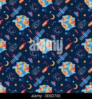 Space Planet UFO Satellite Flat Seamless Pattern. Interplanetary Travel Red Blue Yellow Illustration Stock Vector
