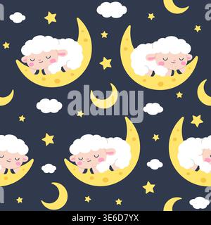 Cute kawaii sleeping sheep on crescent moon seamless pattern with stars and clouds on dark navy background vector Illustration Stock Vector