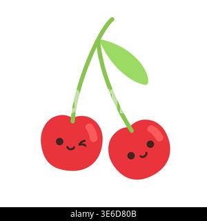 Cute kawaii red cherry fruit pair characters with happy smiling faces flat vector illustration Stock Vector