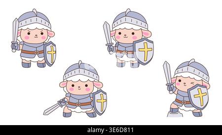 Cute kawaii sheep knight cartoon character set with multiple poses sword and cross shield on white background Stock Vector