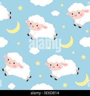 Cute kawaii jumping sheep seamless pattern with crescent moon clouds and stars on light blue sky background vector Illustration Stock Vector