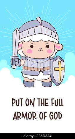 Cute kawaii sheep knight with cross shield and text Put On The Full Armor Of God Christian poster card vector Illustration Stock Vector