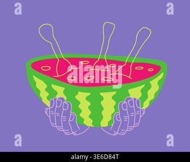 Watermelon Bowl Food Concept Minimal Style Green Red Illustration. Three Spoons Sticking Out Half Watermelon In Two Hands Stock Vector