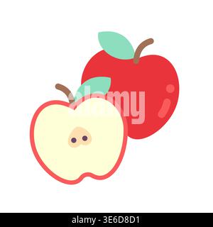 Cute flat design red apple whole and half cut with seeds vector illustration Stock Vector