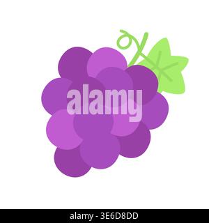 Cute flat design purple grape bunch with green vine leaf vector vector illustration Stock Vector