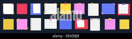 Colorful bold sticky note memo pad set with lined grid blank paper on dark black background vector illustration Stock Vector