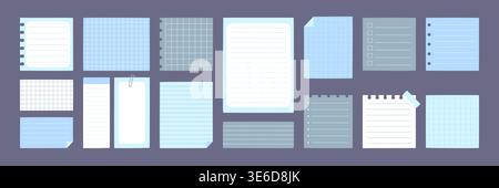 Blue tone paper note blank lined grid set collection on purple background  vector illustration Stock Vector