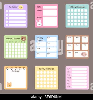 Cute kawaii planner set with monthly weekly planner to do list 30 day challenge reminder on brown background vector Illustration Stock Vector