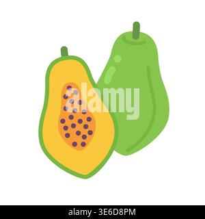 Cute flat design papaya whole and half cut with seeds vector illustration Stock Vector