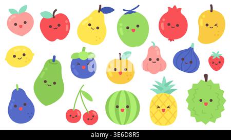 Collection of cute kawaii fruit characters with happy faces flat vector illustration set on white background Stock Vector