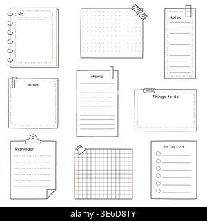 Set of hand drawn memo notes reminder to do list and planner paper templates in minimal black and white outline style vector illustration Stock Vector