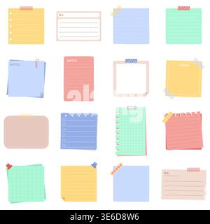Cute pastel color sticky note memo pad collection set isolated on white background vector illustration Stock Vector