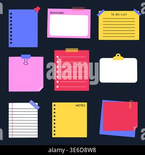 Colorful bold sticky note memo reminder to do list notes set on dark black background vector illustration Stock Vector