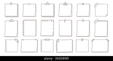 Cute doodle outline blank paper note sticky note set with binder clip isolated on white background vector illustration Stock Vector