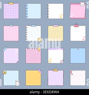 Cute kawaii pastel sticky note memo pad collection with animal characters on blue gray background vector Illustration Stock Vector
