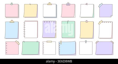 Cute pastel color blank paper note sticky note set with binder clip isolated on white background vector illustration Stock Vector