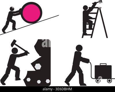 Workers pushing load climbing ladder drilling wall welding machine teamwork concept Stock Vector