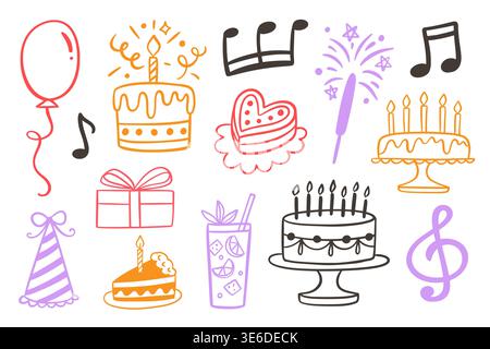Birthday doodle icon set with cake, balloon, gifts Stock Vector